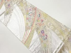 変わり扇に花々・宝・蝶模様織出し袋帯